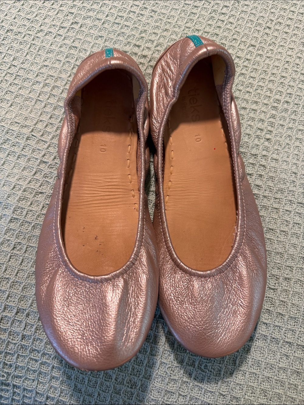 Tieks Metallic Rose Ballet Flats with Teal Heel Tab
